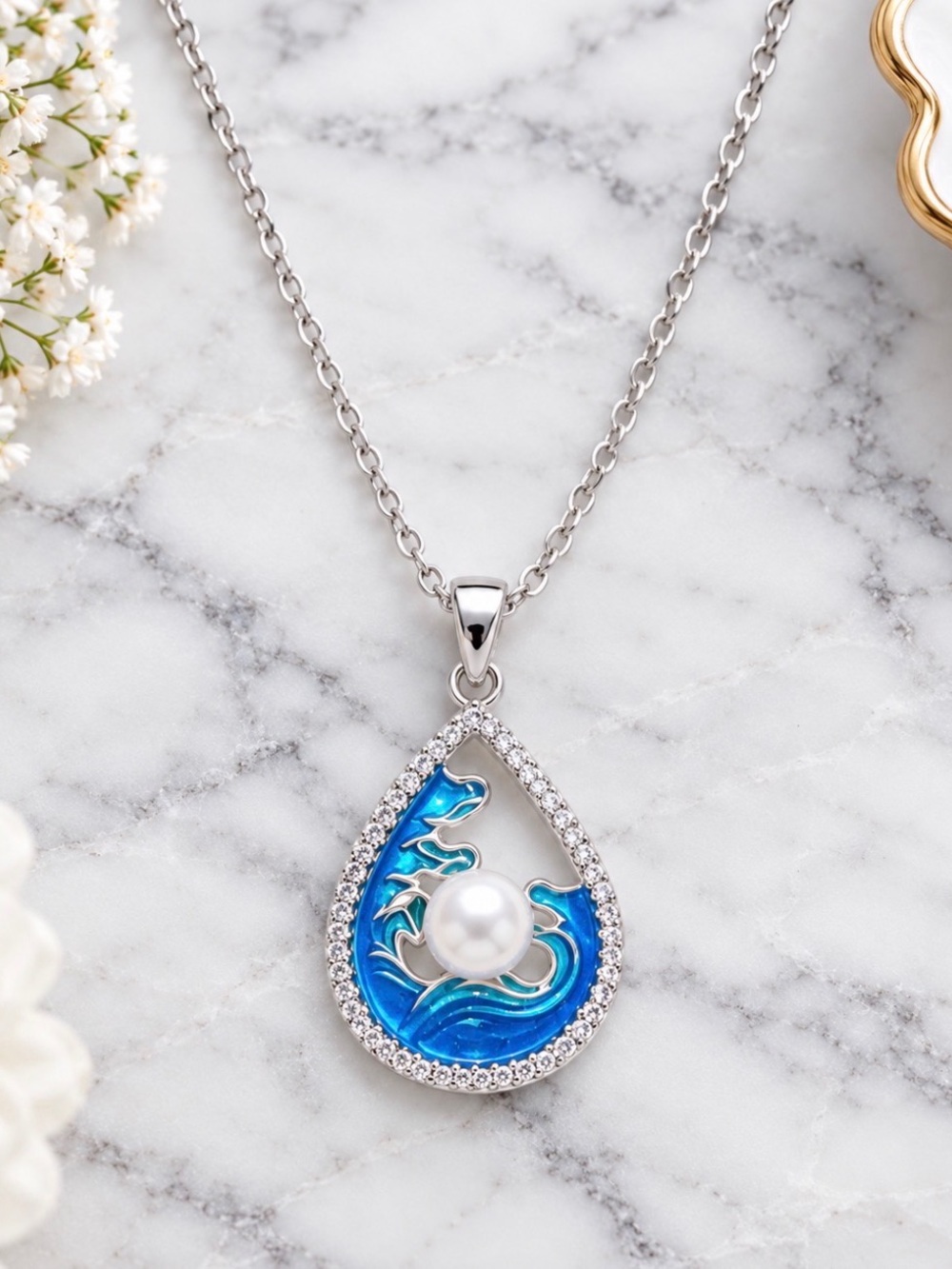 Silver Tone Teardrop Blue Enamel Pendant Necklace with Faux Pearl